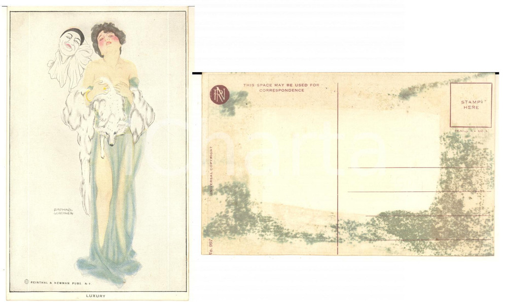 1920 ca ART NOUVEAU Raphael KIRCHNER - Luxury - RARE Postcard *DAMAGED  Pregevole cartolina postale d'epoca, illustrata, non viaggiata.Serie "Les Amours de Pierrot (The Deadly Sins)".CONDIZIONI: POOR (cartolina in buone condizioni, ma danni da colla e umidit&agrave; al verso)FORMATO: FPEDITORE: Reinthal &amp; Newman Pubs. N.Y.    originale e autentica 1