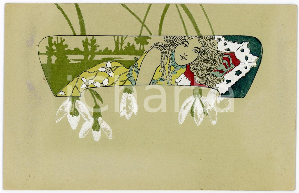 1904  ART NOUVEAU Young woman - ILLUSTRATED embossed postcard green  Pregevole cartolina postale d'epoca, illustrata, viaggiata.CONDIZIONI: FAIR (lievi abrasioni) FORMATO: FP    originale e autentica 1