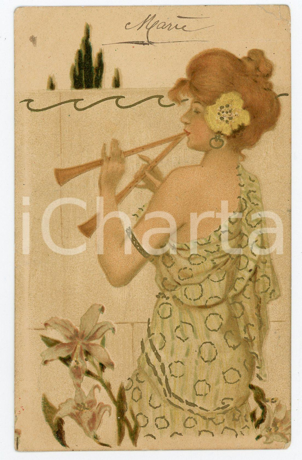 1906 ART NOUVEAU Young woman playing the double flute - ILLUSTRATED postcard  Pregevole cartolina postale d'epoca, illustrata, viaggiata.CONDIZIONI: POOR (sbrecciatura all'angolo superiore destro)FORMATO: FP    originale e autentica 1