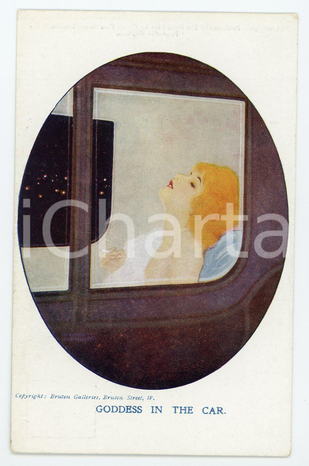 1920 ca Artist Raphael KIRCHNER Goddess in the car *Illustrated vintage postcard  Pregevole cartolina postale d'epoca, illustrata, non viaggiata.CONDIZIONI: GFORMATO: FPEDITORE: Delta Fine Art Co, London     originale e autentica 1