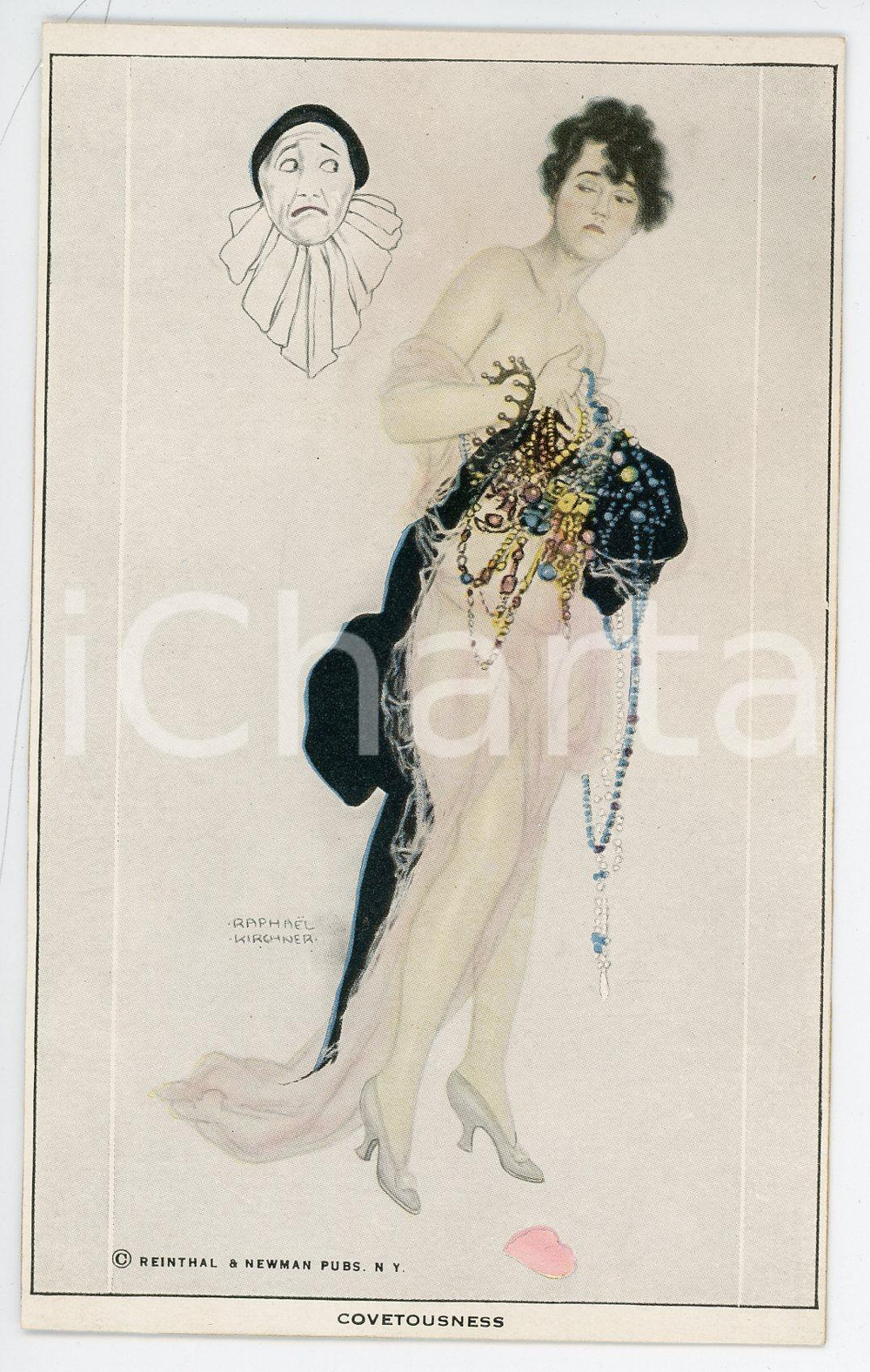 1920 ca ART NOUVEAU Raphael KIRCHNER - Covetousness - RARE Postcard ed. REINTHAL  Pregevole cartolina postale d'epoca, illustrata, non viaggiata.Serie "Les Amours de Pierrot (The Deadly Sins)".CONDIZIONI: FAIR (tracce di umidit&agrave; al verso)FORMATO: FPEDITORE: Reinthal &amp; Newman Pubs. N.Y.    originale e autentica 1