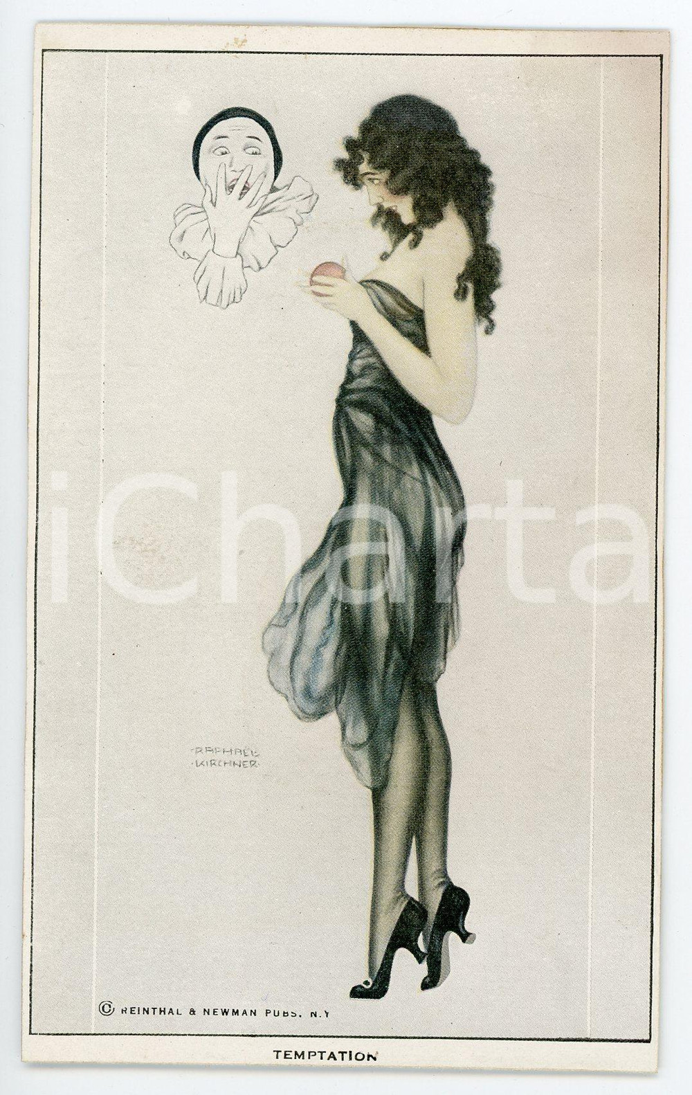 1920 ca Artist Raphael KIRCHNER - Temptation- RARE Postcard ed. REINTHAL  Pregevole cartolina postale d'epoca, illustrata, non viaggiata.Serie "Les Amours de Pierrot (The Deadly Sins)".CONDIZIONI: FAIR (tracce di umidit&agrave; al verso)FORMATO: FPEDITORE: Reinthal &amp; Newman Pubs. N.Y.    originale e autentica 1