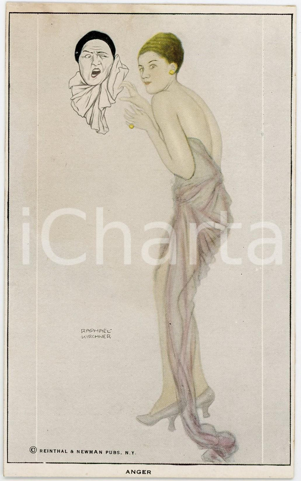 1920 ca Artist Raphael KIRCHNER - Anger - RARE Postcard Deadly Sins ed. REINTHAL  Pregevole cartolina postale d'epoca, illustrata, non viaggiata.Serie "Les Amours de Pierrot (The Deadly Sins)".CONDIZIONI: FAIR (tracce di umidit&agrave; al verso)FORMATO: FPEDITORE: Reinthal &amp; Newman Pubs. N.Y.    originale e autentica 1