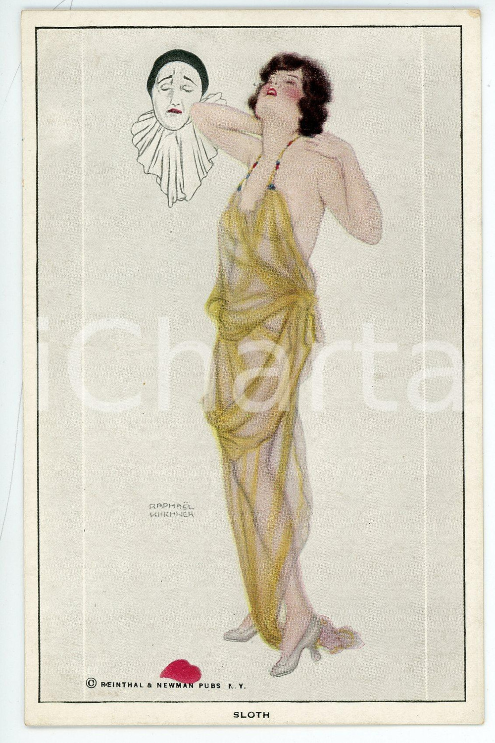 1920 ca Artist Raphael KIRCHNER - Sloth *RARE Postcard Deadly Sins ed. REINTHAL  Pregevole cartolina postale d'epoca, illustrata, non viaggiata.Serie "Les Amours de Pierrot (The Deadly Sins)".CONDIZIONI: GFORMATO: FPEDITORE: Reinthal &amp; Newman Pubs. N.Y.    originale e autentica 1