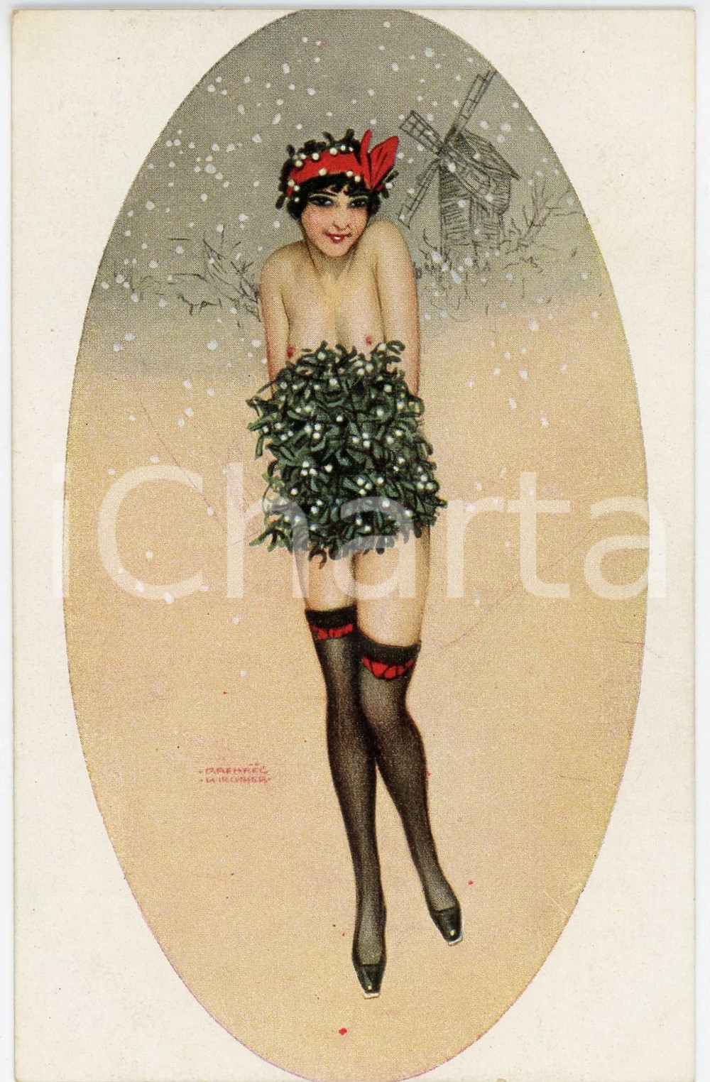 1915 ca Artist Raphael KIRCHNER - Le Manchon de Gui - Christmas risque postcard  Pregevole cartolina postale d'epoca, illustrata da Raphael Kirchner, non viaggiata.CONDIZIONI: GFORMATO: FP    originale e autentica 1