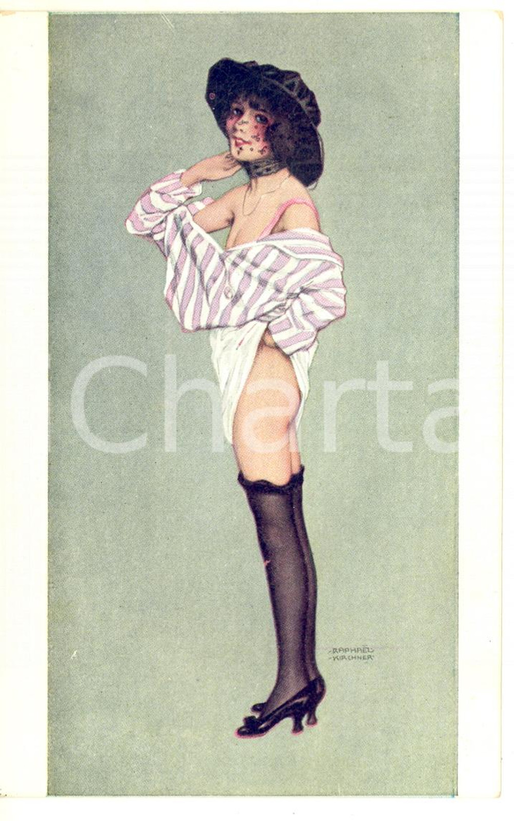 1915 ca Raphael KIRCHNER - La première violette - Illustrated risque postcard  Pregevole cartolina postale d'epoca, illustrata da Raphael Kirchner, non viaggiata.CONDIZIONI: GFORMATO: FP    originale e autentica 1