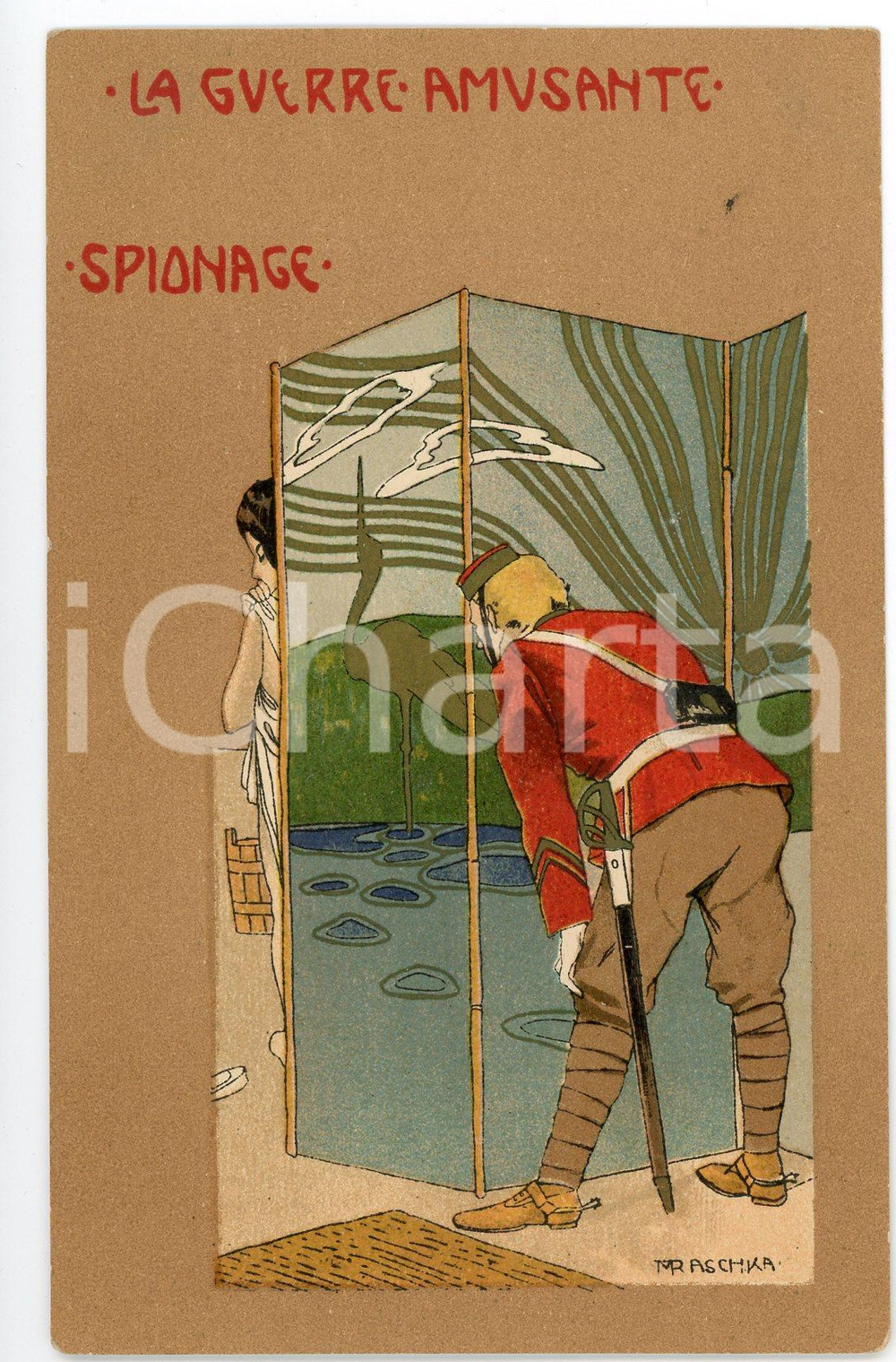 1900 ca ART NOUVEAU Raphael KIRCHNER La Guerre Amusante - Spionage - Postcard  Rara cartolina postale d'epoca, opera dell'artista e illustratore Raphael Kirchner (che utilizza lo pseudonimo Raschka), non viaggiata.CONDIZIONI: G (minima macchia al lato superiore)FORMATO: FP    originale e autentica 1