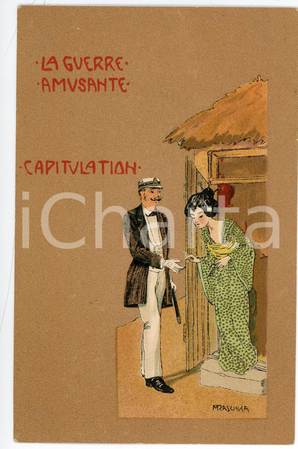 1900 ca ART NOUVEAU RASCHKA La Guerre Amusante - Capitulation *Postcard geisha 1  Rara cartolina postale d'epoca, opera dell'artista e illustratore Raphael Kirchner (che utilizza lo pseudonimo Raschka), non viaggiata. GOOD/buono  Formato: 9x14 cm originale e autentica 1