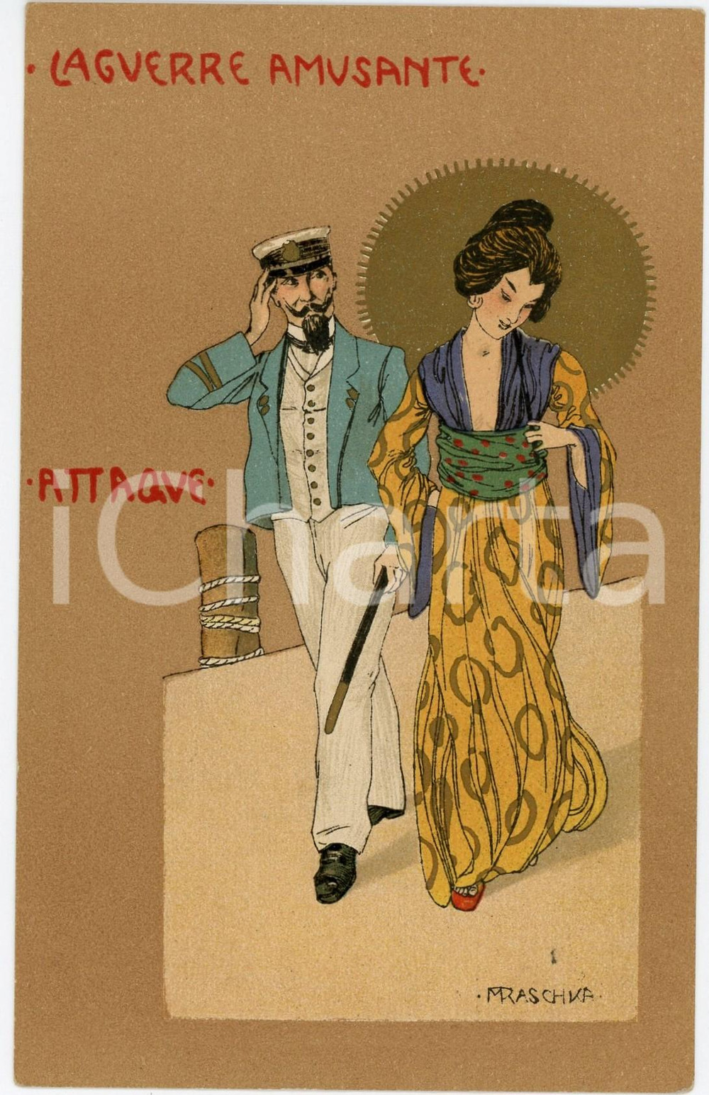 1900 ca ART NOUVEAU RASCHKA La Guerre Amusante - Attaque *Postcard geisha  Rara cartolina postale d'epoca, opera dell'artista e illustratore Raphael Kirchner (che utilizza lo pseudonimo Raschka), non viaggiata. GOOD/buono  Formato: 9x14 cm originale e autentica 1