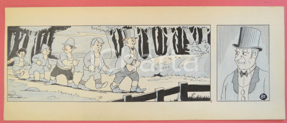 1950 ca DUTCH COMIC by A. REUVERS Original comic strip n.81 - ORIGINAL ART Striscia a fumetti d'epoca, originale e autentica. Disegno originale a china di A. Reuvers.EDITORE: Omnium PressCONDIZIONI: FAIRDIMENSIONI: 31x12 cm    originale e autentica 1