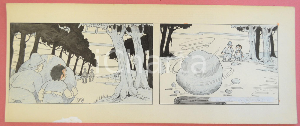 1950 ca DUTCH COMIC by A. REUVERS Original comic strip n.99 - ORIGINAL ART Striscia a fumetti d'epoca, originale e autentica. Disegno originale a china di A. Reuvers.EDITORE: Omnium PressCONDIZIONI: FAIR (macchia al margine inferiore)DIMENSIONI: 31x12 cm    originale e autentica 1