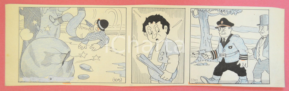 1950 ca DUTCH COMIC by A. REUVERS Original comic strip n.105 - ORIGINAL ART Striscia a fumetti d'epoca, originale e autentica. Disegno originale a china di A. Reuvers.EDITORE: Omnium PressCONDIZIONI: FAIR (lieve piegatura all'angolo inferiore destro)DIMENSIONI: 31x9 cm    originale e autentica 1