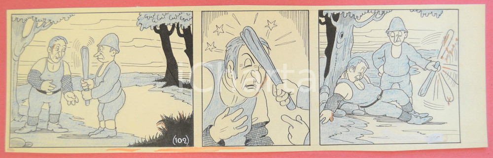 1950 ca DUTCH COMIC by A. REUVERS Original comic strip n.102 - ORIGINAL ART Striscia a fumetti d'epoca, originale e autentica. Disegno originale a china di A. Reuvers.EDITORE: Omnium PressCONDIZIONI: FAIR DIMENSIONI: 31x9 cm    originale e autentica 1