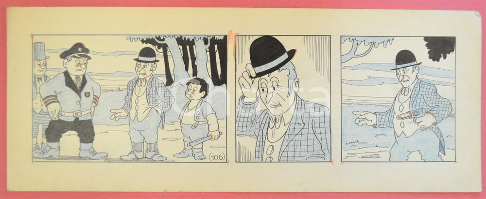 1950 ca DUTCH COMIC by A. REUVERS Original comic strip n.106 - ORIGINAL ART Striscia a fumetti d'epoca, originale e autentica. Disegno originale a china di A. Reuvers.EDITORE: Omnium PressCONDIZIONI: FAIR (lieve piegatura all'angolo inferiore destro)DIMENSIONI: 31x12 cm    originale e autentica 1