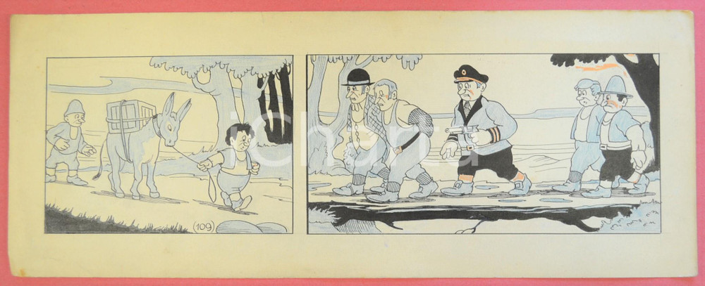 1950 ca DUTCH COMIC by A. REUVERS Original comic strip n.109 ORIGINAL ART Striscia a fumetti d'epoca, originale e autentica. Disegno originale a china di A. Reuvers.EDITORE: Omnium PressCONDIZIONI: POOR (piccolo strappo al margine superiore, lievi piegature agli angoli)DIMENSIONI: 31x12 cm    originale e autentica 1