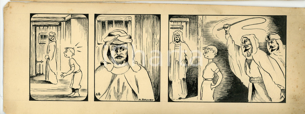 1940ca DRUMPIE'S DOLLE ADVENTUREN Comic strip 68 - A. REUVERS Original art RARE Striscia a fumetti d'epoca, originale e autentica. Disegno originale a china firmato A. Reuvers. EDITORE: Omnium PressCONDIZIONI: Fair (piegatura all'angolo superiore destro, bruniture diffuse)DIMENSIONI: 30x11 cm    originale e autentica 1
