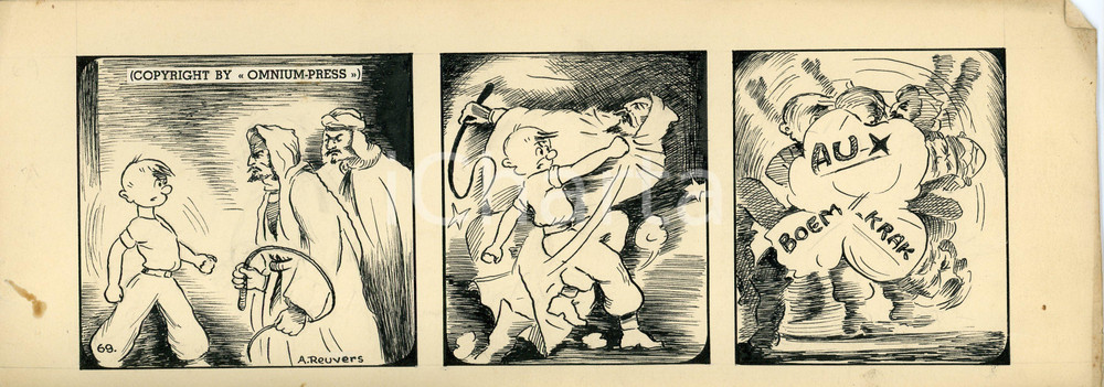 1940ca DRUMPIE'S DOLLE ADVENTUREN Comic strip 69 - A. REUVERS Original art RARE Striscia a fumetti d'epoca, originale e autentica. Disegno originale a china firmato A. Reuvers. EDITORE: Omnium PressCONDIZIONI: POOR (piegature agli angoli, bruniture diffuse, macchia al margine sinistro)DIMENSIONI: 30x11 cm    originale e autentica 1