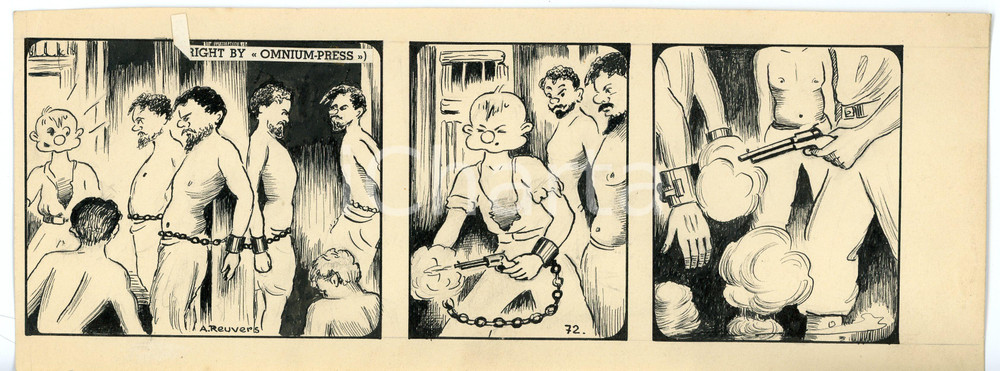 1940ca DRUMPIE'S DOLLE ADVENTUREN Comic strip 72 - A. REUVERS Original art RARE Striscia a fumetti d'epoca, originale e autentica. Disegno originale a china firmato A. Reuvers. EDITORE: Omnium PressCONDIZIONI: FAIRDIMENSIONI: 30x11 cm    originale e autentica 1