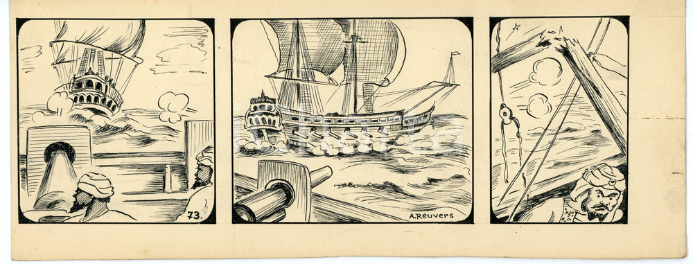 1940ca DRUMPIE'S DOLLE ADVENTUREN Comic strip 73 - A. REUVERS Original art RARE Striscia a fumetti d'epoca, originale e autentica. Disegno originale a china firmato A. Reuvers. EDITORE: Omnium PressCONDIZIONI: FAIR (bruniture e segni diffusi)DIMENSIONI: 30x11 cm    originale e autentica 1