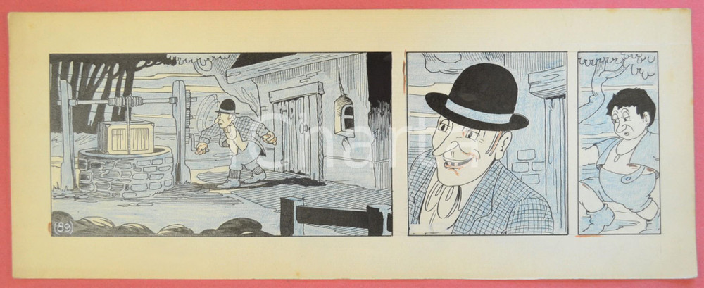 1950ca DUTCH COMIC by A. REUVERS Original comic strip n.89 ORIGINAL ART *DAMAGED Striscia a fumetti d'epoca, originale e autentica. Disegno originale a china di A. Reuvers.EDITORE: Omnium PressCONDIZIONI: VERY POOR (taglio orizzontale di 6cm al margine destro)DIMENSIONI: 31x12 cm    originale e autentica 1