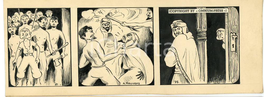 1940ca DRUMPIE'S DOLLE ADVENTUREN Comic strip 75 - A. REUVERS Original art RARE Striscia a fumetti d'epoca, originale e autentica. Disegno originale a china firmato A. Reuvers. EDITORE: Omnium PressCONDIZIONI: FAIR DIMENSIONI: 30x11 cm    originale e autentica 1