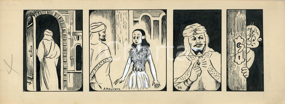 1940ca DRUMPIE'S DOLLE ADVENTUREN Comic strip 76 - A. REUVERS Original art RARE Striscia a fumetti d'epoca, originale e autentica. Disegno originale a china firmato A. Reuvers. EDITORE: Omnium PressCONDIZIONI: FAIR (lieve strappo al margine sinistro)DIMENSIONI: 30x11 cm    originale e autentica 1