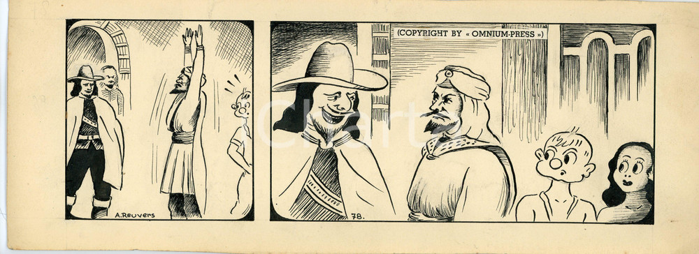 1940ca DRUMPIE'S DOLLE ADVENTUREN Comic strip 78 - A. REUVERS Original art RARE Striscia a fumetti d'epoca, originale e autentica. Disegno originale a china firmato A. Reuvers. EDITORE: Omnium PressCONDIZIONI: FAIR DIMENSIONI: 30x11 cm    originale e autentica 1