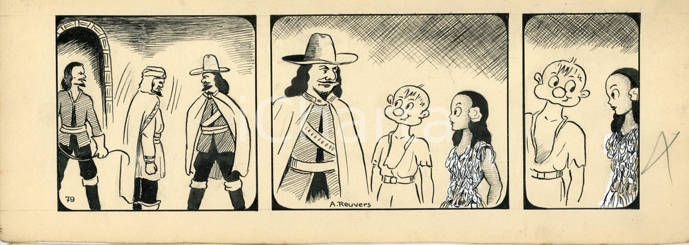 1940ca DRUMPIE'S DOLLE ADVENTUREN Comic strip 79 - A. REUVERS Original art RARE Striscia a fumetti d'epoca, originale e autentica. Disegno originale a china firmato A. Reuvers. EDITORE: Omnium PressCONDIZIONI: FAIR DIMENSIONI: 30x11 cm    originale e autentica 1