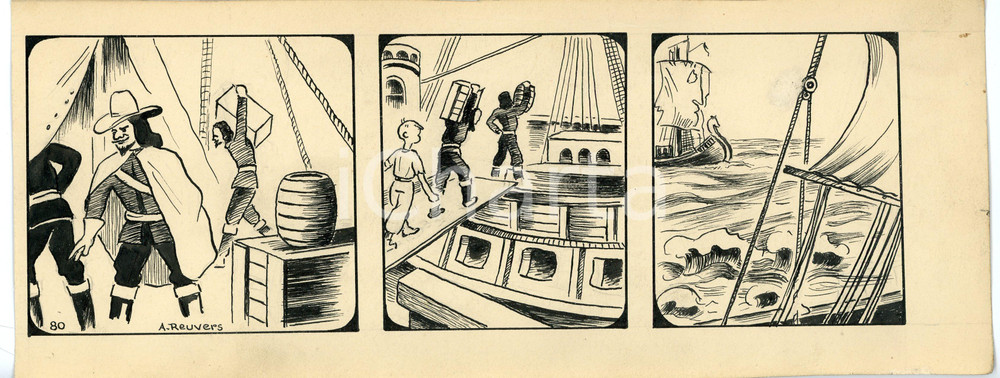 1940ca DRUMPIE'S DOLLE ADVENTUREN Comic strip 80 - A. REUVERS Original art RARE Striscia a fumetti d'epoca, originale e autentica. Disegno originale a china firmato A. Reuvers. EDITORE: Omnium PressCONDIZIONI: FAIR DIMENSIONI: 30x11 cm    originale e autentica 1