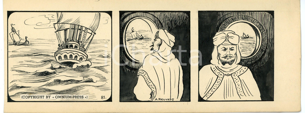 1940ca DRUMPIE'S DOLLE ADVENTUREN Comic strip 81 - A. REUVERS Original art RARE Striscia a fumetti d'epoca, originale e autentica. Disegno originale a china firmato A. Reuvers. EDITORE: Omnium PressCONDIZIONI: FAIR DIMENSIONI: 30x11 cm    originale e autentica 1