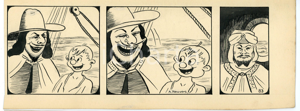 1940ca DRUMPIE'S DOLLE ADVENTUREN Comic strip 83 - A. REUVERS Original art RARE Striscia a fumetti d'epoca, originale e autentica. Disegno originale a china firmato A. Reuvers. EDITORE: Omnium PressCONDIZIONI: FAIR DIMENSIONI: 30x11 cm    originale e autentica 1