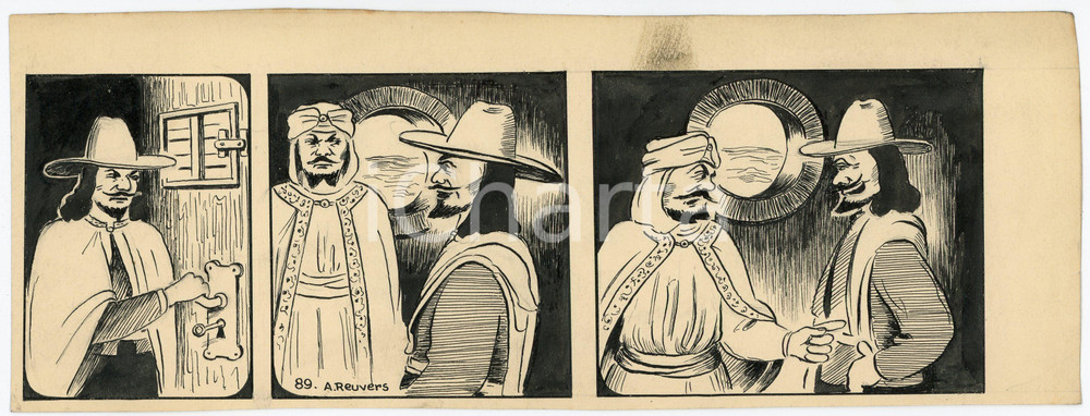 1940ca DRUMPIE'S DOLLE ADVENTUREN Comic strip 89 - A. REUVERS Original art RARE Striscia a fumetti d'epoca, originale e autentica. Disegno originale a china firmato A. Reuvers. EDITORE: Omnium PressCONDIZIONI: FAIRDIMENSIONI: 30x11 cm    originale e autentica 1