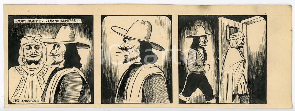 1940ca DRUMPIE'S DOLLE ADVENTUREN Comic strip 90 - A. REUVERS Original art RARE Striscia a fumetti d'epoca, originale e autentica. Disegno originale a china firmato A. Reuvers. EDITORE: Omnium PressCONDIZIONI: FAIRDIMENSIONI: 30x11 cm    originale e autentica 1