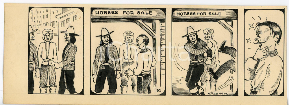 1940ca DRUMPIE'S DOLLE ADVENTUREN Comic strip 92 - A. REUVERS Original art RARE Striscia a fumetti d'epoca, originale e autentica. Disegno originale a china firmato A. Reuvers. EDITORE: Omnium PressCONDIZIONI: FAIRDIMENSIONI: 27x10 cm    originale e autentica 1
