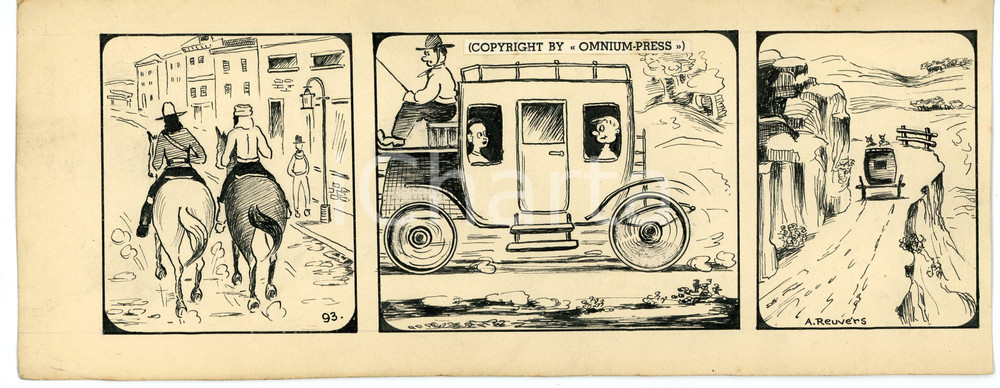 1940ca DRUMPIE'S DOLLE ADVENTUREN Comic strip 93 - A. REUVERS Original art RARE Striscia a fumetti d'epoca, originale e autentica. Disegno originale a china firmato A. Reuvers. EDITORE: Omnium PressCONDIZIONI: FAIRDIMENSIONI: 28x11 cm    originale e autentica 1
