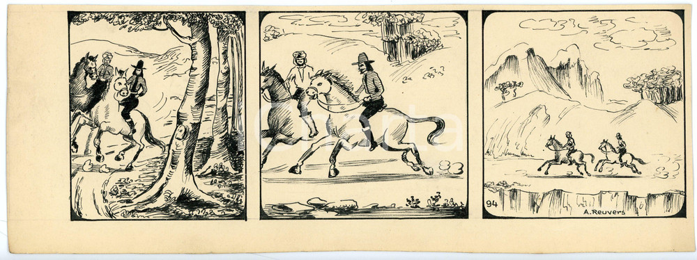 1940ca DRUMPIE'S DOLLE ADVENTUREN Comic strip 94 - A. REUVERS Original art RARE Striscia a fumetti d'epoca, originale e autentica. Disegno originale a china firmato A. Reuvers. EDITORE: Omnium PressCONDIZIONI: FAIRDIMENSIONI: 27x10 cm    originale e autentica 1