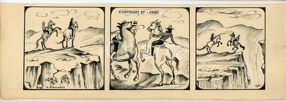 1940ca DRUMPIE'S DOLLE ADVENTUREN Comic strip 96 - A. REUVERS Original art RARE Striscia a fumetti d'epoca, originale e autentica. Disegno originale a china firmato A. Reuvers. EDITORE: Omnium PressCONDIZIONI: POOR (parziale distacco della didascalia, strappi al margine destro)DIMENSIONI: 30x10 cm    originale e autentica 1