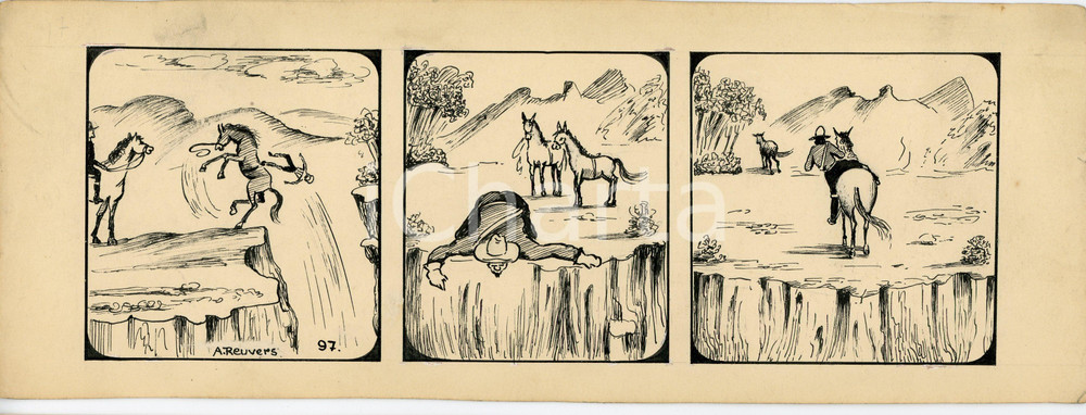 1940ca DRUMPIE'S DOLLE ADVENTUREN Comic strip 97 - A. REUVERS Original art RARE Striscia a fumetti d'epoca, originale e autentica. Disegno originale a china firmato A. Reuvers. EDITORE: Omnium PressCONDIZIONI: FAIRDIMENSIONI: 30x11 cm    originale e autentica 1