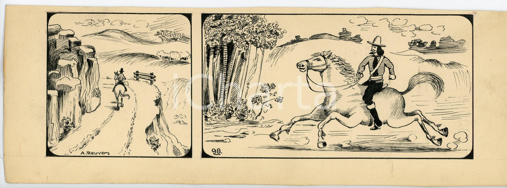 1940ca DRUMPIE'S DOLLE ADVENTUREN Comic strip 98 - A. REUVERS Original art RARE Striscia a fumetti d'epoca, originale e autentica. Disegno originale a china firmato A. Reuvers. EDITORE: Omnium PressCONDIZIONI: FAIRDIMENSIONI: 30x11 cm    originale e autentica 1