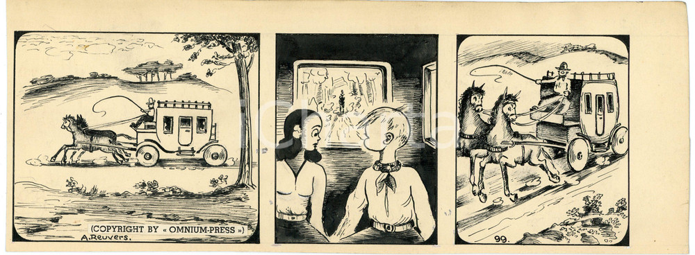 1940ca DRUMPIE'S DOLLE ADVENTUREN Comic strip 99 - A. REUVERS Original art RARE Striscia a fumetti d'epoca, originale e autentica. Disegno originale a china firmato A. Reuvers. EDITORE: Omnium PressCONDIZIONI: FAIRDIMENSIONI: 27x10 cm    originale e autentica 1