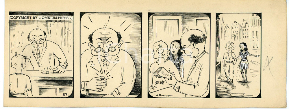 1940ca DRUMPIE'S DOLLE ADVENTUREN Comic strip 87 - A. REUVERS Original art RARE Striscia a fumetti d'epoca, originale e autentica. Disegno originale a china firmato A. Reuvers. EDITORE: Omnium PressCONDIZIONI: FAIRDIMENSIONI: 30x11 cm    originale e autentica 1