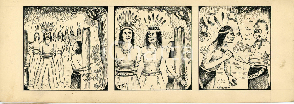 1940ca DRUMPIE'S DOLLE ADVENTUREN Comic strip 115 - A. REUVERS Original art RARE Striscia a fumetti d'epoca, originale e autentica. Disegno originale a china firmato A. Reuvers. EDITORE: Omnium PressCONDIZIONI: FAIR (lievi piegature agli angoli)DIMENSIONI: 30x11 cm    originale e autentica 1