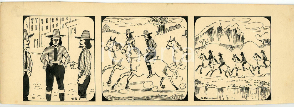 1940ca DRUMPIE'S DOLLE ADVENTUREN Comic strip 116 - A. REUVERS Original art RARE Striscia a fumetti d'epoca, originale e autentica. Disegno originale a china firmato A. Reuvers. EDITORE: Omnium PressCONDIZIONI: FAIR (piccolo strappo al margine destro)DIMENSIONI: 30x11 cm    originale e autentica 1