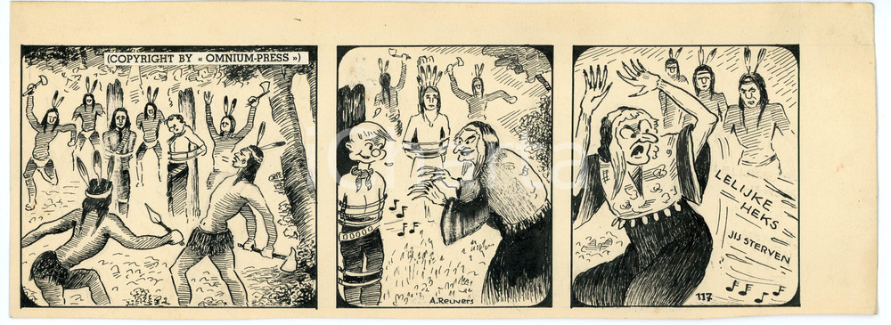 1940ca DRUMPIE'S DOLLE ADVENTUREN Comic strip 117 - A. REUVERS Original art RARE Striscia a fumetti d'epoca, originale e autentica. Disegno originale a china firmato A. Reuvers. EDITORE: Omnium PressCONDIZIONI: FAIRDIMENSIONI: 28x10 cm    originale e autentica 1