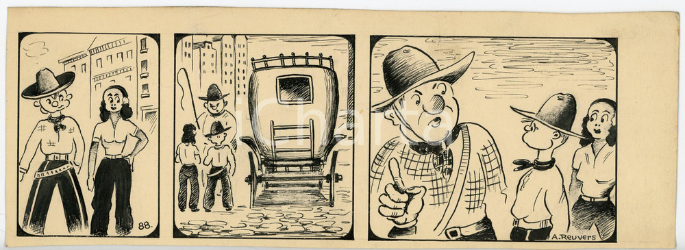 1940ca DRUMPIE'S DOLLE ADVENTUREN Comic strip 88 - A. REUVERS Original art RARE Striscia a fumetti d'epoca, originale e autentica. Disegno originale a china firmato A. Reuvers. EDITORE: Omnium PressCONDIZIONI: FAIRDIMENSIONI: 30x11 cm    originale e autentica 1