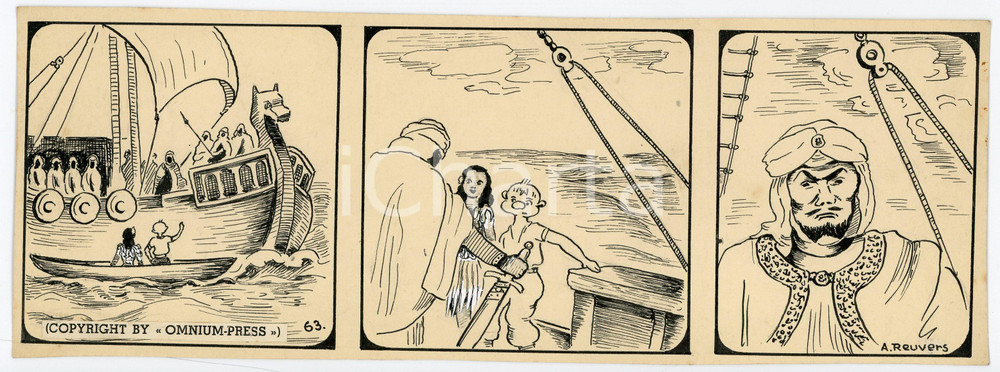 1940ca DRUMPIE'S DOLLE ADVENTUREN Comic strip 63 - A. REUVERS Original art RARE Striscia a fumetti d'epoca, originale e autentica. Disegno originale a china firmato A. Reuvers. EDITORE: Omnium PressCONDIZIONI: FAIRDIMENSIONI: 25x9 cm    originale e autentica 1