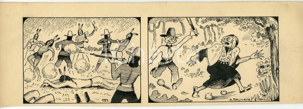 1940ca DRUMPIE'S DOLLE ADVENTUREN Comic strip 121 - A. REUVERS Original art RARE Striscia a fumetti d'epoca, originale e autentica. Disegno originale a china firmato A. Reuvers. EDITORE: Omnium PressCONDIZIONI: FAIRDIMENSIONI: 30x10 cm    originale e autentica 1