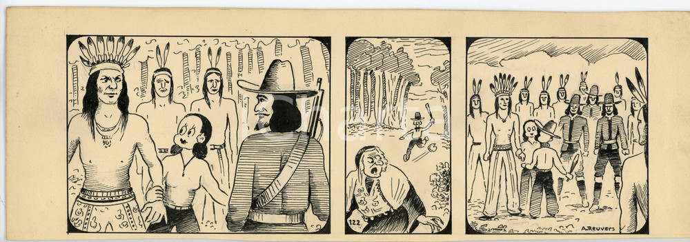 1940ca DRUMPIE'S DOLLE ADVENTUREN Comic strip 122 - A. REUVERS Original art RARE Striscia a fumetti d'epoca, originale e autentica. Disegno originale a china firmato A. Reuvers. EDITORE: Omnium PressCONDIZIONI: FAIRDIMENSIONI: 30x10 cm    originale e autentica 1