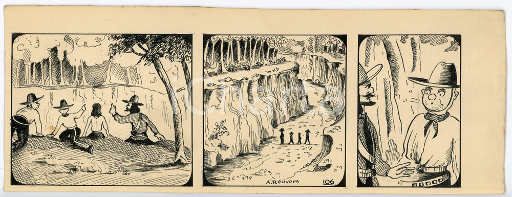 1940ca DRUMPIE'S DOLLE ADVENTUREN Comic strip 106 - A. REUVERS Original art RARE Striscia a fumetti d'epoca, originale e autentica. Disegno originale a china firmato A. Reuvers. EDITORE: Omnium PressCONDIZIONI: FAIRDIMENSIONI: 30x10 cm    originale e autentica 1