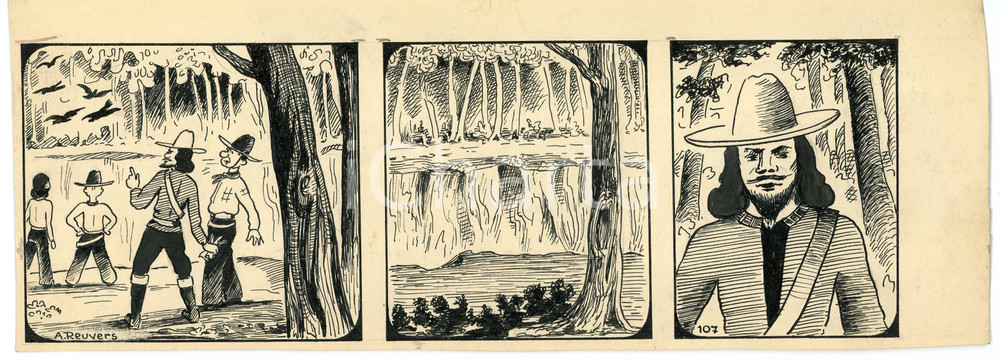 1940ca DRUMPIE'S DOLLE ADVENTUREN Comic strip 107 - A. REUVERS Original art RARE Striscia a fumetti d'epoca, originale e autentica. Disegno originale a china firmato A. Reuvers. EDITORE: Omnium PressCONDIZIONI: FAIRDIMENSIONI: 30x10 cm    originale e autentica 1